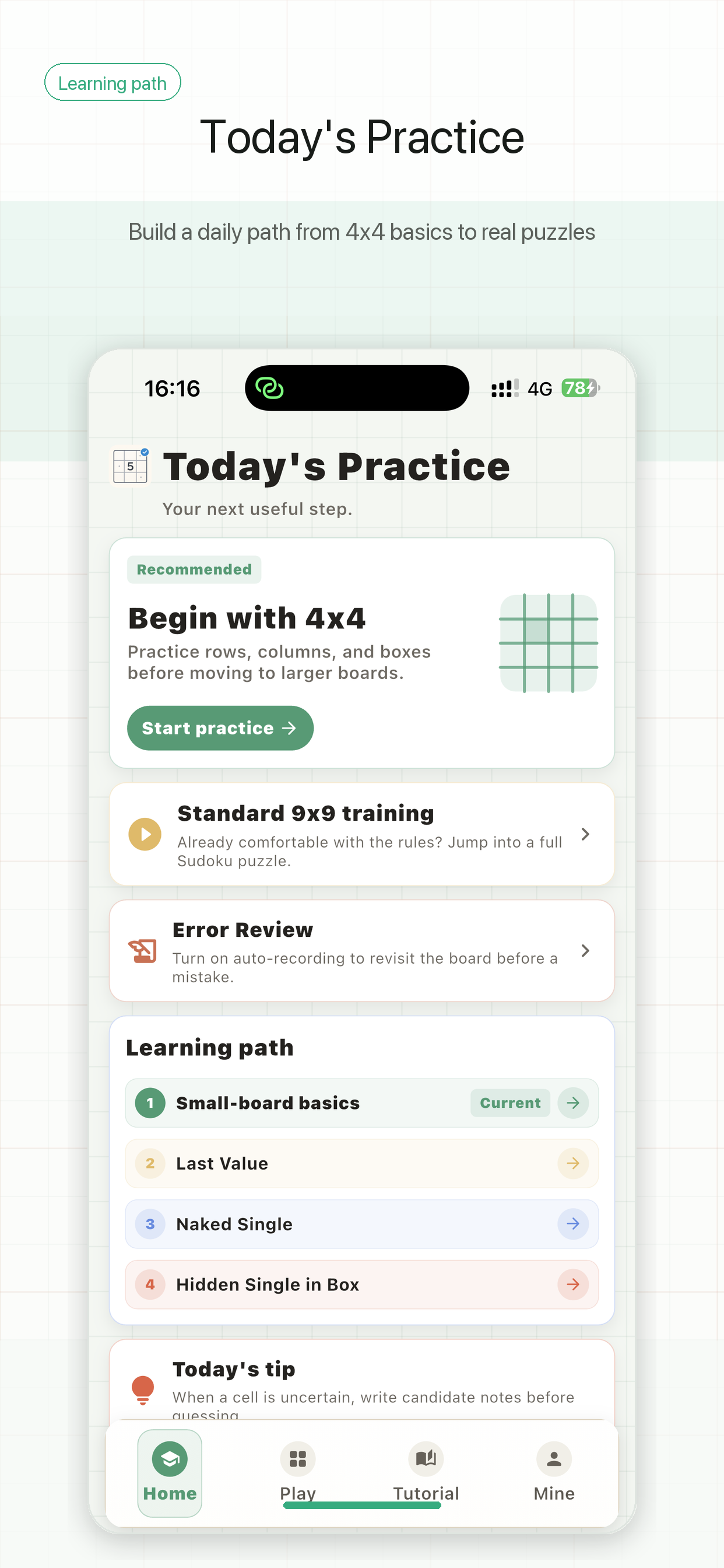 Sudoku Tutor today's practice screen with learning path and error review entry