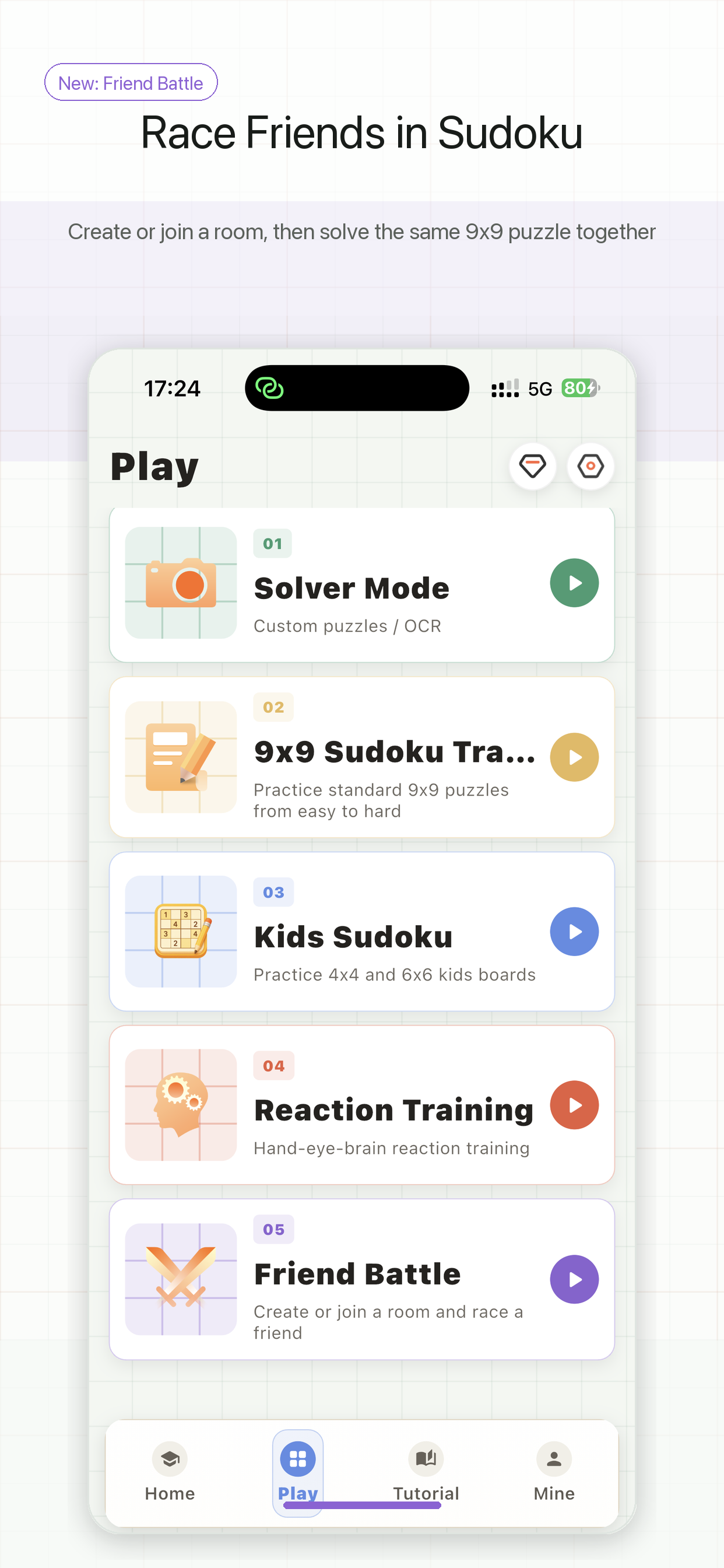 Sudoku Tutor play modes screen with solver, training, kids Sudoku, reaction training, and friend battle entry