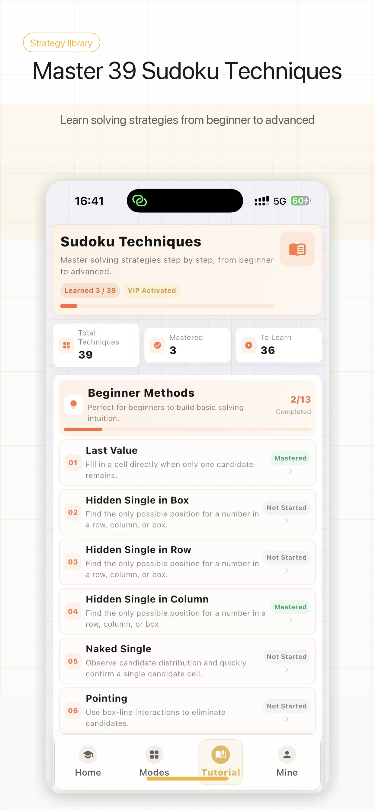 Sudoku technique library with learning progress
